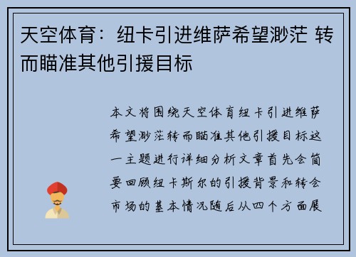 天空体育：纽卡引进维萨希望渺茫 转而瞄准其他引援目标