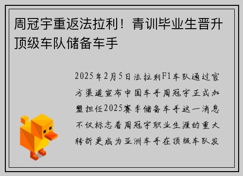 周冠宇重返法拉利！青训毕业生晋升顶级车队储备车手