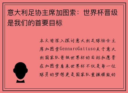 意大利足协主席加图索：世界杯晋级是我们的首要目标