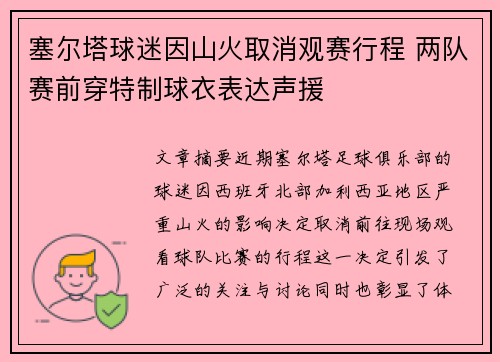 塞尔塔球迷因山火取消观赛行程 两队赛前穿特制球衣表达声援