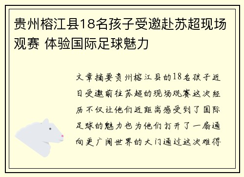 贵州榕江县18名孩子受邀赴苏超现场观赛 体验国际足球魅力