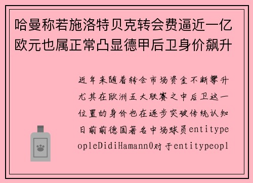 哈曼称若施洛特贝克转会费逼近一亿欧元也属正常凸显德甲后卫身价飙升