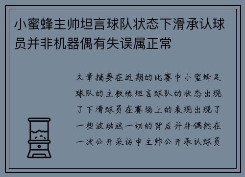 小蜜蜂主帅坦言球队状态下滑承认球员并非机器偶有失误属正常